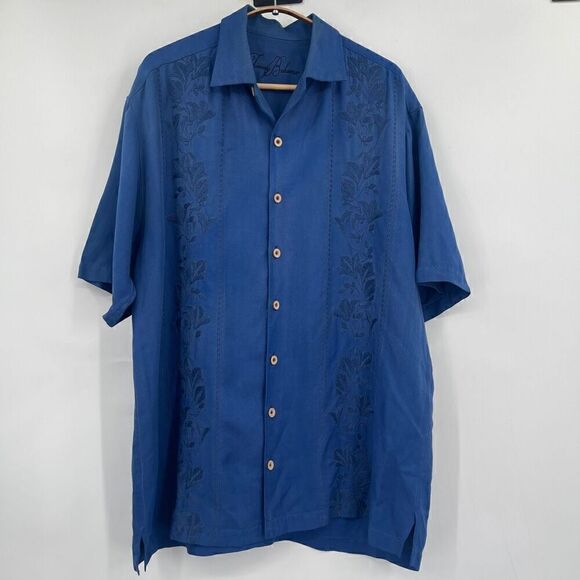Tommy Bahama Blue Hawaiian Floral Leaf Print Button Up Shirt Size Large - Picture 1 of 7